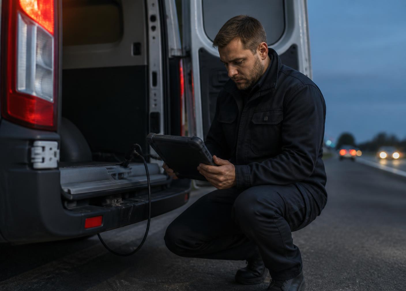 Mobile technician carrying out AdBlue diagnostics on a van at the roadside