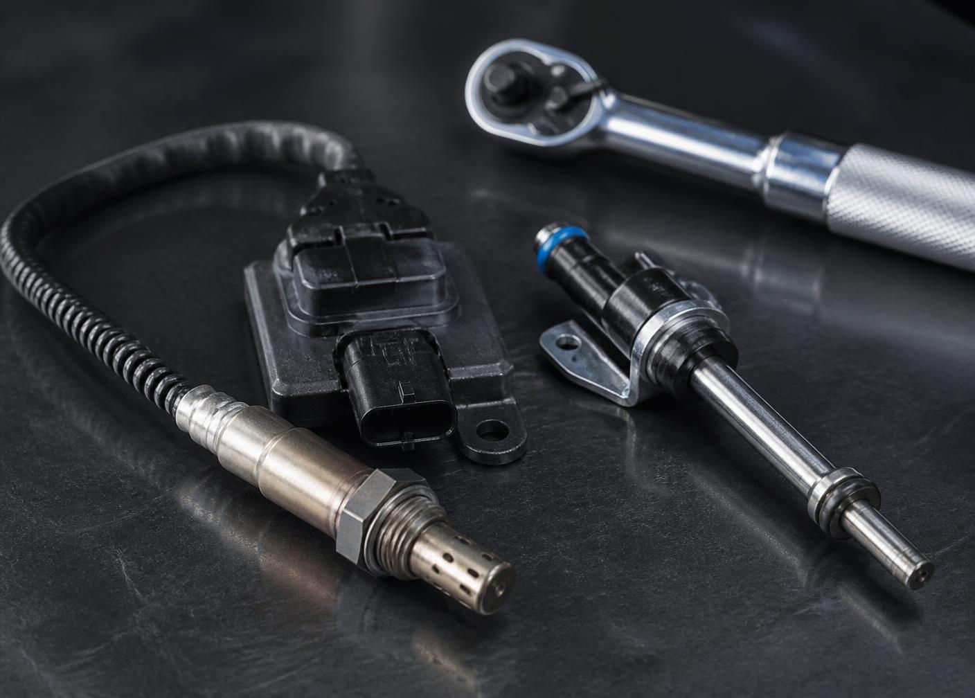 NOx sensor, control module and AdBlue dosing injector on a workshop bench